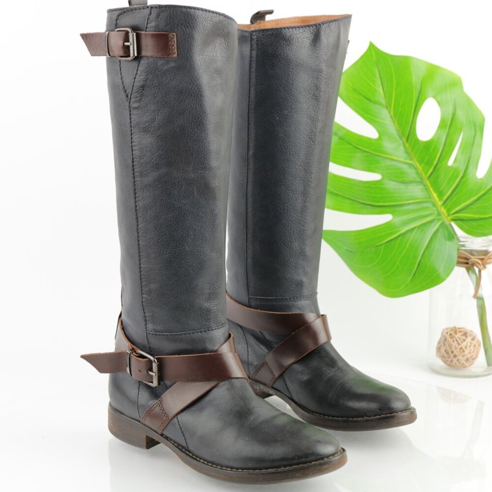 Halmanera Womens Riding Boot Size 38 8 Tall Black Leather Buckle Strap Italy